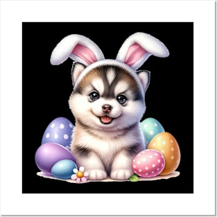 Puppy Siberian Husky Bunny Ears Easter Eggs Happy Easter Day Posters and Art